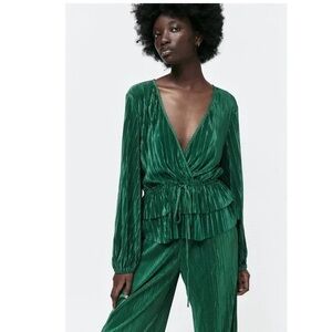 Zara Emerald Green Pleated Blouse